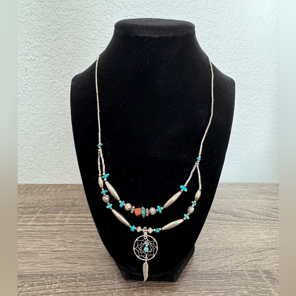 Vintage Dreamcatcher Pendant Necklace with Turquoise and Silver Toe Accents.
